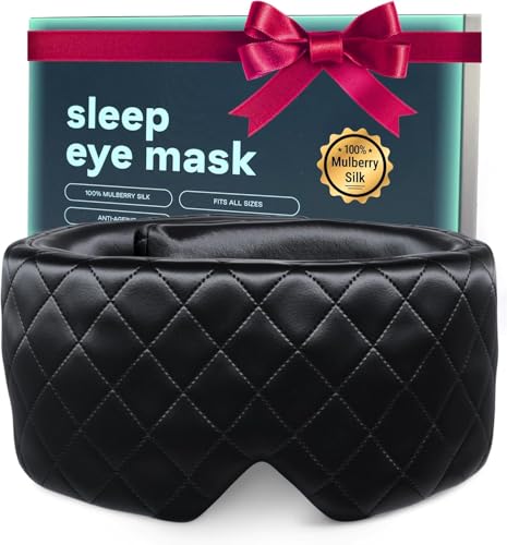 100% Mulberry Silk Sleep Mask for Women & Men - Black Blindfold Eye Cover with Adjustable Straps for Night Time Wrap - Sleep Headband for Washing Face - Blackout Eye Mask - Silk Hair Headband