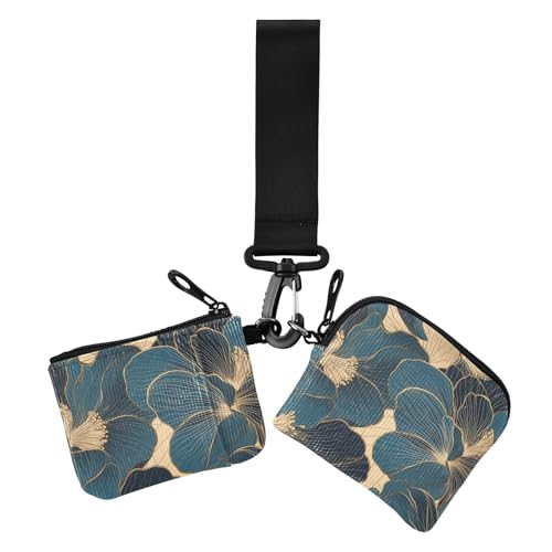 Teal Gold Floral Pattern Women's Dual Wallets Business Card Cases Slim Detachable Credit Card Wallet Case with Zipper Pocket for Women 2 Pcs