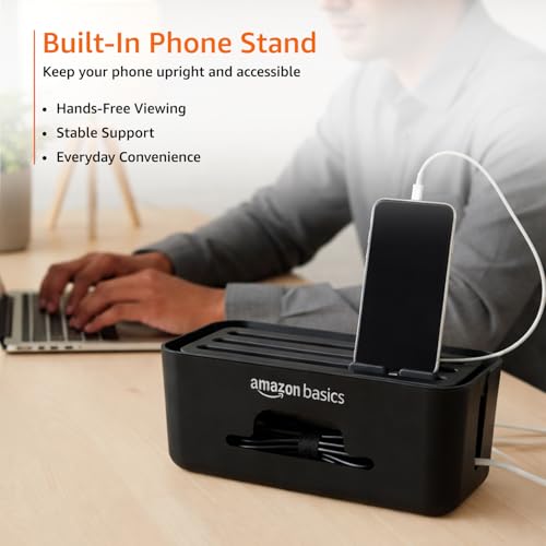 Image of Amazon Basics - Cable Management Box with Mobile Stand - Power Strip, Cords, Wires | Surge Protector Hiding Cover Organizer for Home, Office (Black)
