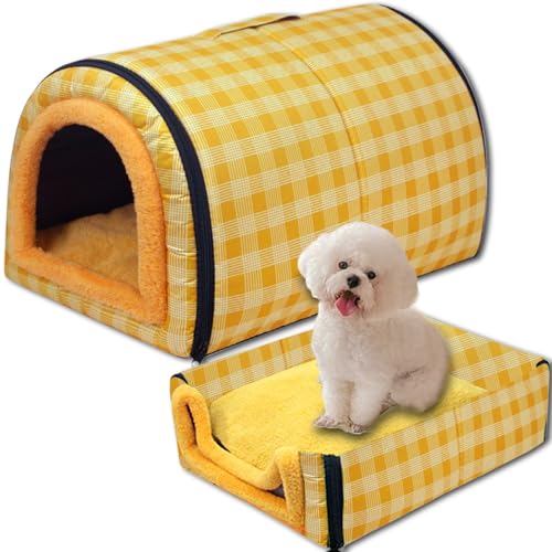 Letto per cani 2 in 1, grande grotta impermeabile, lussuosa cuccia per cani, rimovibile, con morbido cuscino antiscivolo, per gatti, cani, conigli (45 x 32 x 35 cm, D)