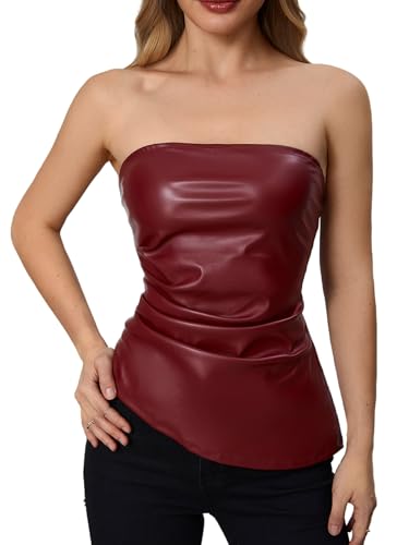 MakeMeChic Women's Faux Leather Strapless Tube Tops Asymmetrical Ruched Backless Corset Crop Going Out Tops