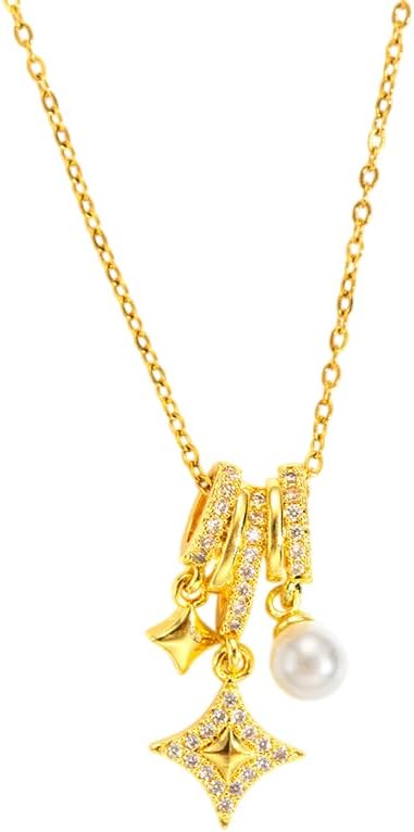 18K Gold Plated Star Charm Necklace with Pearl Drop – Sparkling CZ Accents, Multi-Charm Pendant for Women