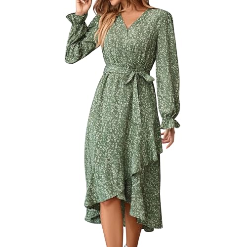 Wickelkleid Damen Lang Langarm Blumen Italienische Kleider Damen Midi V Ausschnitt A Linie Kleid Elegant Geblümt Rüschen Midikleid Vorne Kurz Hinten...