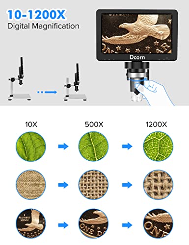 7'' Digital Microscope 1200X,Dcorn 12Mp 1080P Photo/Video Microscope With 32Gb Tf Card For Adults Soldering Coins,Metal Stand,Wired Remote,10 Led Fill Lights,Pc View,Windows/Mac Compatible #TOP2