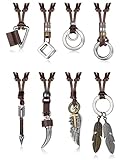 FASACCO 8 Pcs Brown Leather Necklace for Men Women Brown Black Leather Cord Necklace Tribal Arrow Wolf Tooth Feather Pendant Statement Necklace for Men Women