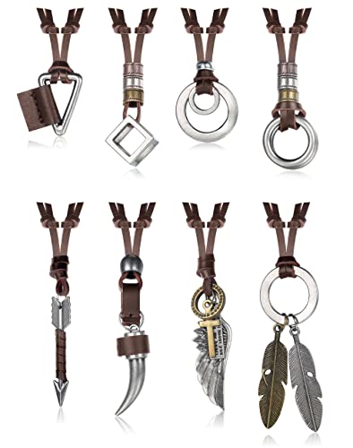 FASACCO 8 Pcs Leather Necklace for Men Women Brown Black Leather Cord Necklace Tribal Arrow Wolf Tooth Feather Pendant Statement Necklace for Men Women