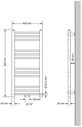ECD Germany Radiador toallero de baño - 400 x 800 mm - Cromo - Diseño Plano - con conexión central - Estructura no eléctrica - Radiador de calefacción ...