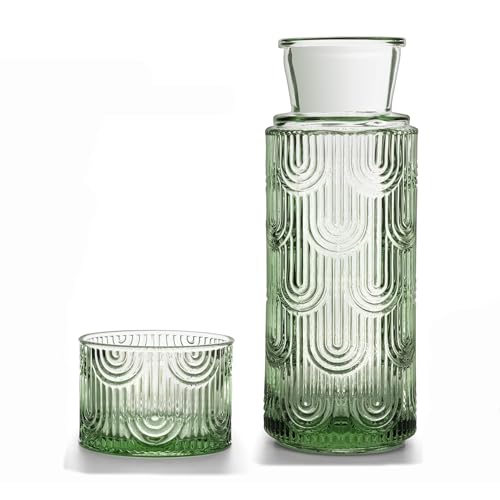 Nachttisch Wasserkaraffe Set mit Becher Glas Nachttasse Set, Mundwasser Flasche Karaffe mit Becher Deckel für Gästezimmer, Badezimmer, Wohnzimmer 21.6 Oz/630ml (Grün)