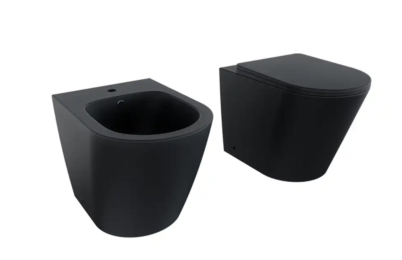 Sanitari filomuro in ceramica rimless bianco lucido: vaso, bidet e copriwc soft-close Aquamarine (NERO OPACO)