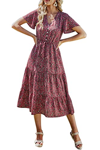 Prettygarden Women's Floral Boho Dress Casual Short Sleeve V Neck Ruffle Tiered 2023 Summer Swing Maxi Dresses(Black Red Floral,Large) #TOP7