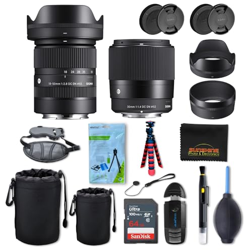 Sigma 18-50mm f2.8 + Sigma 30mm f1.4 DC DN Contemporary Lens for Sony E with Sunshine Photo Accessories Bundle - 4 Years USA Manufacturer Warranty