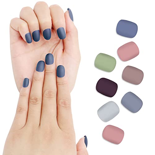 8 Packs (192 Pcs) Matte Short Press on Nails, Acrylic Short Fake Nails Set Artificial Nails Fake Solid Color with Adhesive Tabs Nail File for Women