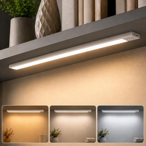 Image of One94Store 30CM Metal Rechargeable Motion Sensor LED Light, Wireless Under Cabinet Light with 3 Color Modes, 1200mAh Battery for Kitchen, Wardrobe & Bedroom - White