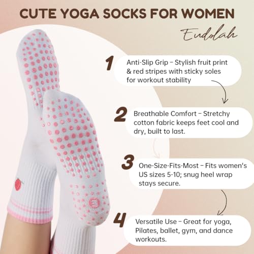 EUDOLAH Cute Yoga Socks for Women Pilates Barre Breathable Non-Slip Crew Grip Sock With Stripes Anti-friction Athletic Socks4