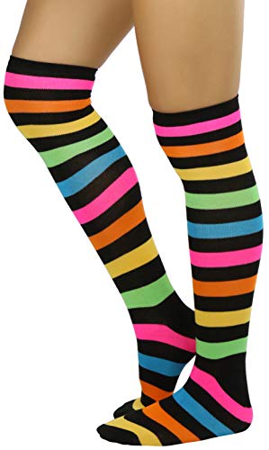 Image of ToBeInStyle Women's Bright Vibrant Rainbow Striped Thigh High Rave Stockings