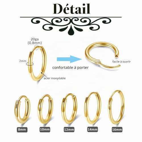 PiercingJak 5 Paires Boucles d'oreilles Créoles en Acier Inoxydable Or Doré – vue 2
