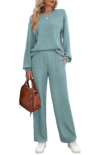 WIHOLL Womens Sweatsuits Sets Long Sleeve Crewneck Top Wide Leg Pants Two Piece Outfits