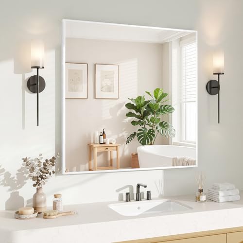 Image of Koonmi White Rectangle Wall Mirror, 30x30 Inch Bathroom Mirror, Aluminum Frame Vanity Mirror for Entryway, Living Room, Bedroom Bathroom, Hangs Horizontally or Vertically