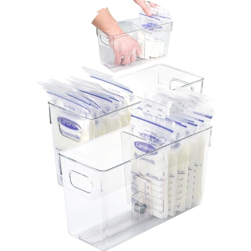 Ugotfeels Breastmilk Storage Bag Container for Freezer with Sliding Pusher Divider Flatten Breast Milk Bags in Organizer Bins as Breastmilk Baggies Dispenser |Save Fridge Space| 2-Pack, Clear
