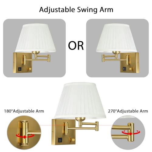 Image of Plug in Wall Lamp for Living Room Bedroom Bedside, Bulb Included | Wall Sconce with USB C+A Charging Ports, Adjustable Swing Arm 270, Adjustable Color Temperature, White Fabric Cone lampshade