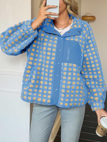 Tankaneo Women Fleece Sherpa Jacket Fuzzy Checkered Button Down Winter Coat - image 3