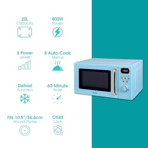 Abode Retro Microwave 20 Litre Blue with Rose Gold Accent Digital 800W, Mirror Finish, 8 Auto Cook Settings & Defrost, 5 Power Levels AMD2004GRG