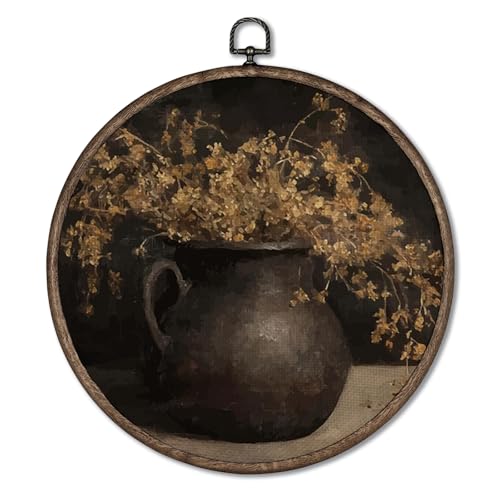 Giosve Vintage Botanical Floral Round Wall Art Canvas Framed Poster, Dark Cottagecore Moody French Country Autumn Botanical Hanging Wall Sculptures for Home Bedroom Living Room Decor, 10x10 Inch