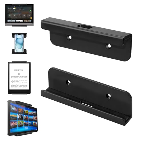 Kigniote Wall Mounted Tablet Holder, Universal Plastic Wall Mount for Tablet, Phone and e-Reader, Black Phone Wall Mount, Adhesive or Screw Installation Wall Holder