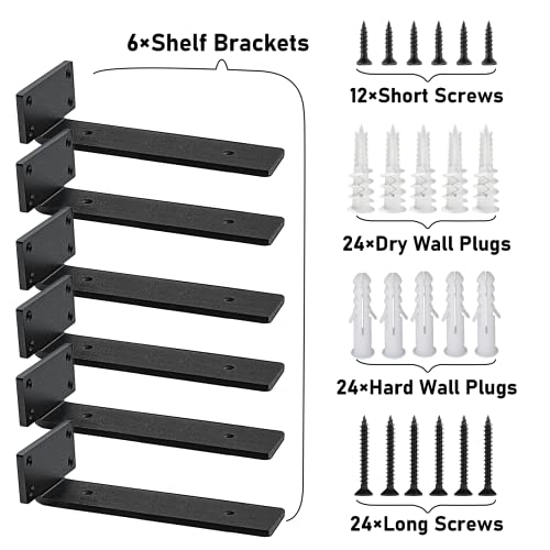 Shelf Brackets Heavy Duty Blind Shelf Brackets, 5Mm Thick Rustic Shelf Brackets For Custom Wood Shelves, 12 Inch Solid Steel Black Shelf Brackets With Hardware Needed (6Pcs) #TOP4