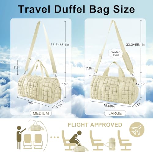 Image of Quilted Travel Duffle Bag Gym Bag for Women,Large Puffer Duffle Weekender Bag with Compartment,Workout Overnight Carry on Organizer Bag Duffle Bag for Airplane Travel(L-Off-white)