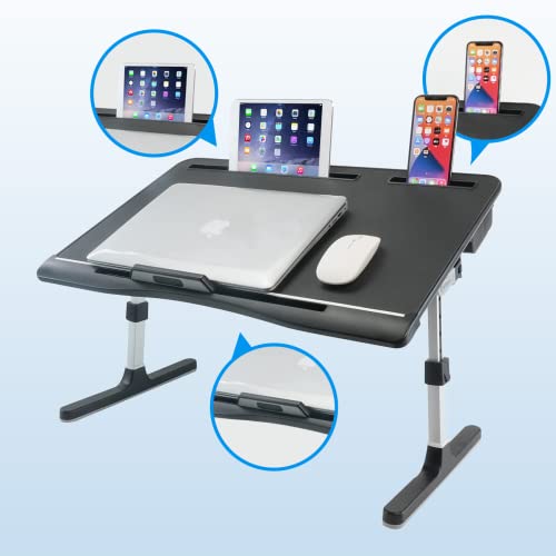 Image of KLEAR Laptop Bed Tray Table with PVC Leather Surface, 2 Drawers, Black, XL | Foldable Lap Desk for Laptop, Multifunctional Adjustable Lap Table for Working,Writing, Gaming, Drawing