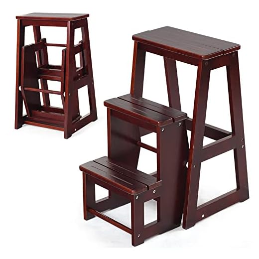 Giantex Opstapje, inklapbaar, grenenhout, 3 treden, multifunctioneel, voor het huishouden, donkerbruin