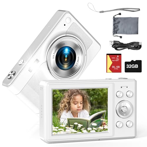 Upgrade Digital Camera, 56MP FHD 1080P Camera for Kids with 16x Zoom Anti Shake, Kid Camera with 32GB TF Card, Two Batteries, Lanyard, Compact Small Camera for Kids Boys Girls（White）