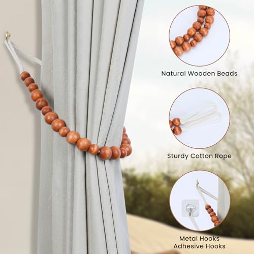Wood Bead Curtain Tiebacks, KLOGTSIND Set of 2 Curtain Holdbacks for Thin or Thick Window Draperies, Boho Farmhouse Curtain Tiebacks with Hooks, Curtain Tie Backs for Home Office Room Decor