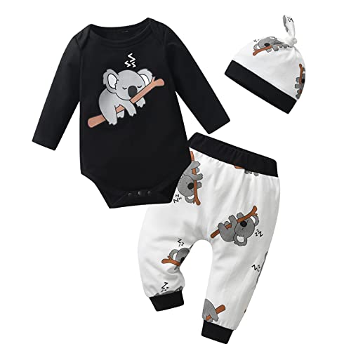 Image of Siracend Newborn Infant Baby Boy Clothes Print Long Sleeve Bodysuit + Pants + Hat 3 PCS Outfits Set