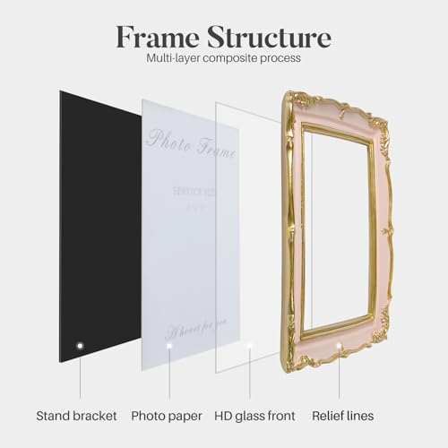 Vintage Pink 5x7 Picture Frame, Pink and Gold 5 by 7 Antique Photo Frames, Ornate Textured Hand-Crafted Resin Frame with Glass Front for Tabletop Display, Retro Design Home Decor