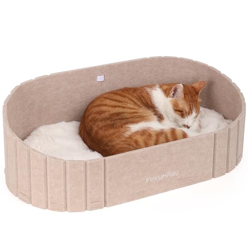 FUKUMARU Cuccia per Gatti Interno- Letto Extra Large 60 cm con Cuscino in Peluche Finto Coniglio, Divano/Casa Ovale in Feltro per Gatti Domestici. Sabbia