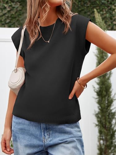 Image of Cicy Bell Womens Cap Sleeve Sweater Vest Summer Casual Sleeveless Knit Tank Tops Loose Fit Crew Neck Shirts Pullover