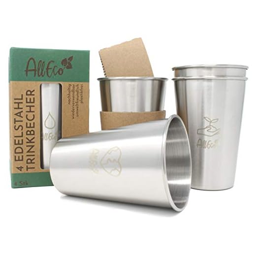 AllEco® Mugg i rostfritt stål, set om 4, 500 ml, drickkopp, metall, barn, camping, utomhus, stapelbar 17 oz. – hållbar, återanvändbar, plastfri & noll avfall (500 ml)