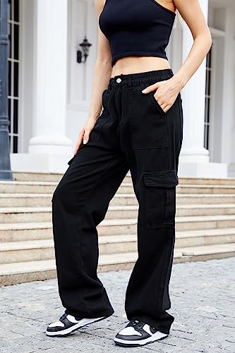 Qyangg High Waist Cargo Pants Women Stretch Baggy Cargo Pants Women Multiple Pockets Relaxed Fit Straight Wide Leg Y2K Pants Black #TOP4