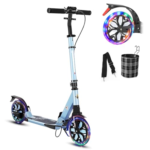 GLDDFDG Commuter Adult Scooter 300 lbs Capacity, Big Wheels Scooters, Sport Folding Kick Scooter for Kids 10 Years and up, 4 Adjustable Levels, Bearing ABEC 9, 15 lbs,Blue