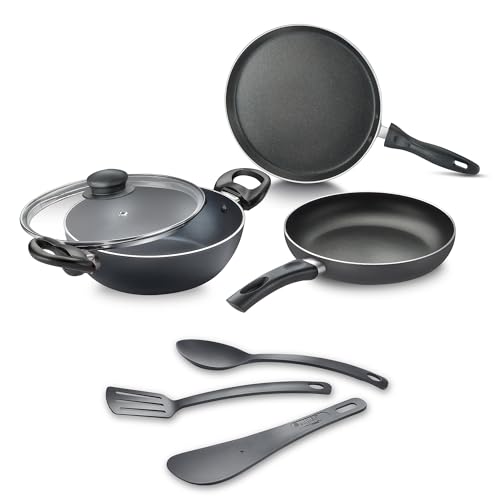 Image of Judge by Prestige ACE Aluminium Non-Stick cookware BYK Set-Tawa 25cm-1U, Fry Pan 20cm-1U, Kadai 20cm-1U with Lid-1U + 3U Nylon Tools|Black