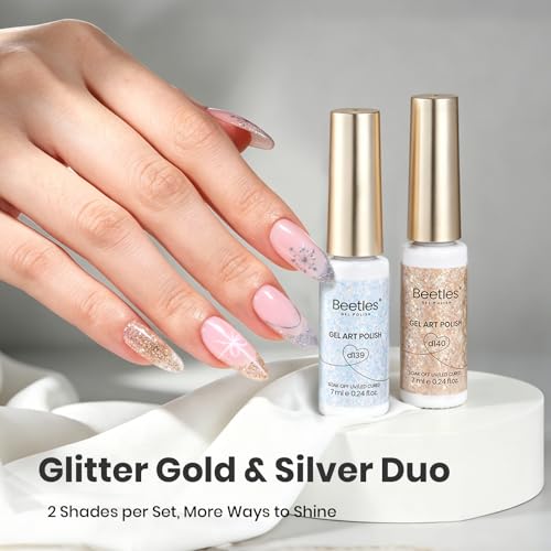 Image of Beetles Silver & Golden Nail Art Gel Liner 2 Pcs Reflective Glitter Gel Nail Polish Soak Off Uv Lamp for Thin French Line Nails Manicure Nails Art Brush Paint