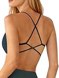Ieumaz Strappy Back Workout Bras for Women Open Back Soft V-Neck Gym Yoga Bra with Removable Cups Dark Blue