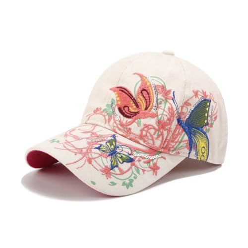 Image of PACDE Butterfly Full Embroidered Women Baseball Cap Fashion Sequins Adjustable Strap Cotton Women Hats Sunlight Bowler Hat Ladies Baseball Cap(Beige,UK Size6 3/4-7 1/4)