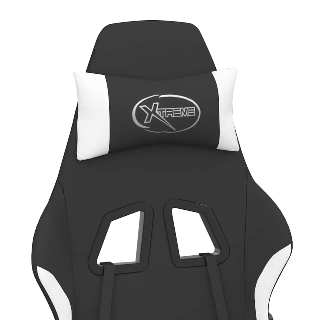 Gaming-Stuhl mit Massagefunktion und Fußstütze, Ergonomischer Bürostuhl aus Stoff, 360 Grad drehbarer Schreibtischstuhl, Höhenverstellbarer Relaxsessel Schwarz und Weiß