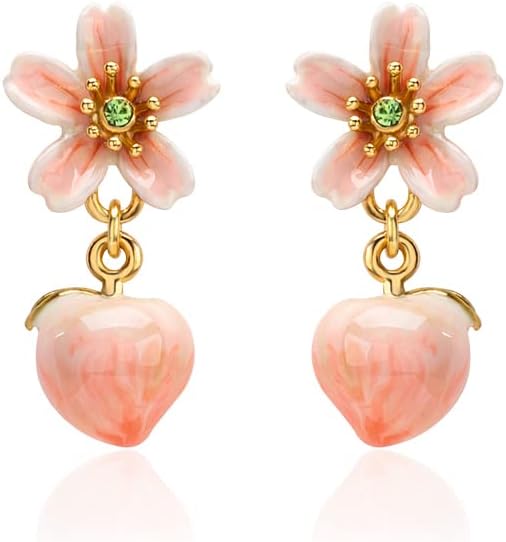 Peach Blossom Pink Flower Enamel Dangle Earrings Handmade Jewelry Gift 18K Gold Plated Copper