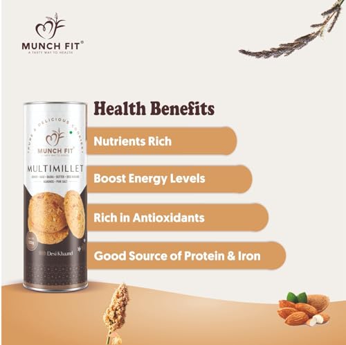 Image of Munch Fit Healthy Multimillet Cookies 125gm Pack of 4 | Egg Less Cookies Made Desi Khand with Jowar Ragi Bajra Cookies | Gluten Free, No Maida, No Added Sugar | 100% Natural Crunchy Snacks