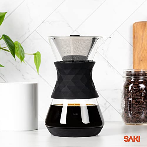 Saki Pour Over Coffee Maker With Double Layer Stainless Steel Filter, Silicone Lid, Coffee Dripper Brewer, Heat Resistant Borosilicate Pour Over Carafe, 24 Ounce  #TOP7