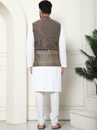 Image of SOJANYA (Since 1958 Men's Cotton Linen Maroon Kurta and White Pyjama with Mustard Cotton Nehru Jacket